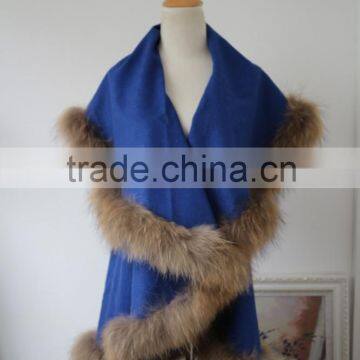 Cheap Price Raccoon Fur Trimmed Cashmere Like Cape Poncho Custon Animal Fur Collar Imitated Pashmina Shawl