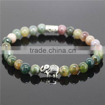 KJL-0043 Wholesale 6mm Beads Silver Elephant Bracelets Natural Indian Agate Stone Women Jewelry