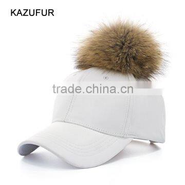 High quality spring fashion new style fur baseball cap with wholesale price/raccoon pompom KZ160073
