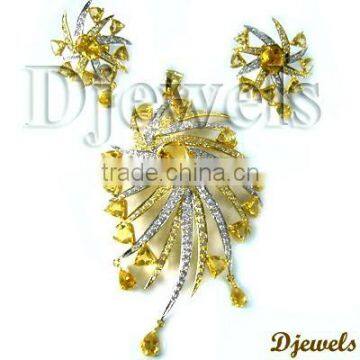 Golden Topaz Pendant Sets, Bridal Pendant Sets, Diamond jewelry