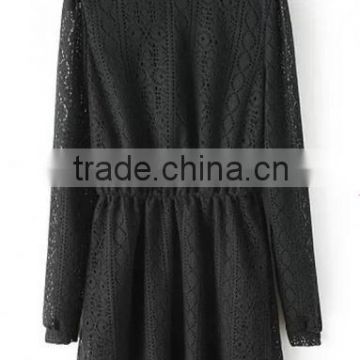 Black Plain Hollow-out Round Neck Long Sleeve Lace Dress