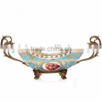 Antique Brass Decorative Ceramic Bucket With Handles, Hand Painted Porcelain & Bronze Planter, Decor Ceramics Furnishing Article photo-5