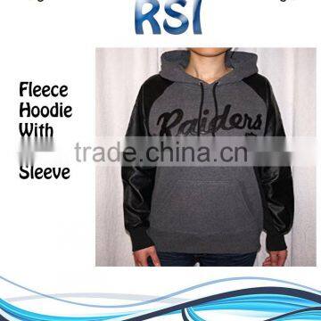 Black Fleece Zip up Hoodie With Leather Sleeves