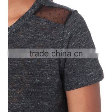 Wholesale Women Round Neck Short Sleeves Polka Dot Sheer Panel Linen T-shirt(DQE0153T) photo-4