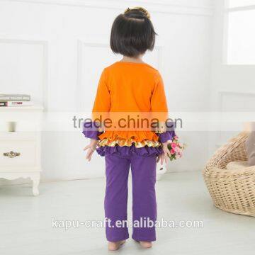 Fall Latest Boutique Girls Halloween Outfits with Pumpkin Wholesale Kids Cotton Orange Chevron Ruffle Pants Clothing Sets