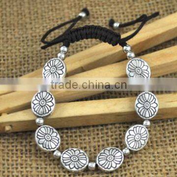 Vintage big hole flower beads braided bracelet Black adjustable rope knot bracelet for 2016 promotional items