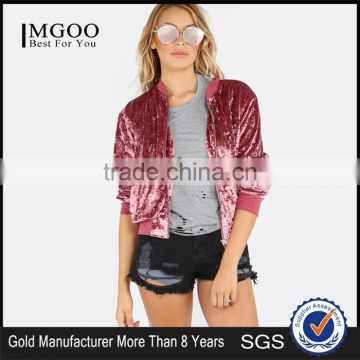 MGOO Custom Label Tag Women Outwear Zip Up Ribbed Trim Velvet Bomber Jacket Coat Pink