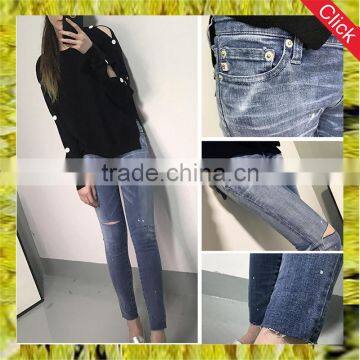 Custom fashion high waisted super skinny strerch denim jeans for ladies with white dots