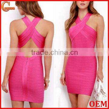 Wholesale halter neck body-con fit fuchsia bandage dress 2015