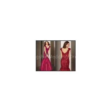 Red Tulle V neck Celebrity Prom Dresses , Rhinestone Flower Lace Evening Dress