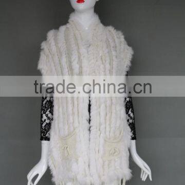 Factory Wholesale Knitted Rabbit Fur Vest / Tassels Design Fur Gilet /Waistcoat With Pocket