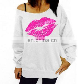 New Wholesale Women Lips Print Pullover One Shoulder Jumper Sweater Hoodie Sweatshirt Tops photo-4