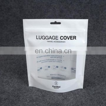 Professional Custom travel accessories laminated plastic White stand up luggage cover packaging zipper bag with clear window and