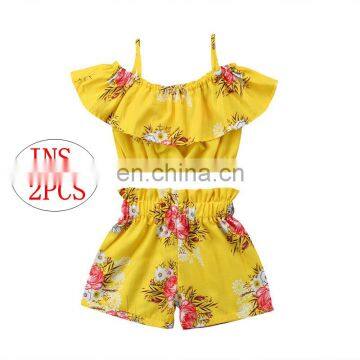 Girl Flowers Print Clothes 3Colors Kids Girls Summer 2pcs Set Strap Tops Shorts Outfits 1-6T photo-2