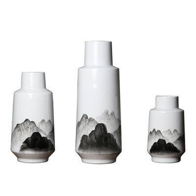 New Chinese Modern Ink Wash Painting Hand Made White Ceramic Flower Vase For TV Bench photo-4
