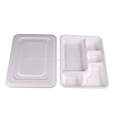 Eco friendly products bulk pack Biodegradable Rectangle Sugarcane pulp Bagasse Food Tray with 5 Compartment for hotel