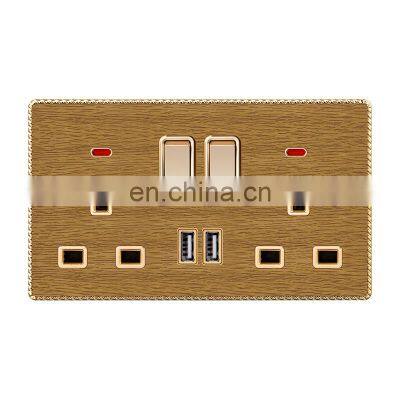 UK Standard 6-pin Dual Switch Wall Socket With Light+2USB 146mm*86mm Thick Solid Wood Panel Sockets and Switches Electrical 13A