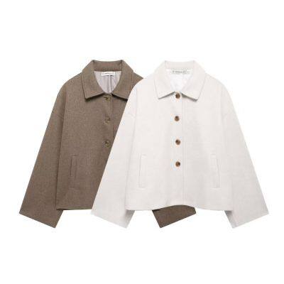 Novo casaco de l? de um único peito com mangas compridas, colarinho e estilo casual e solto, retr?, feminino