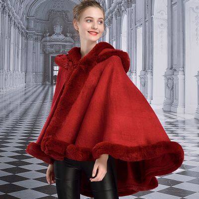 European and American autumn and winter new imitation otter rabbit fur collar hooded shawl cloak loose jacket for women