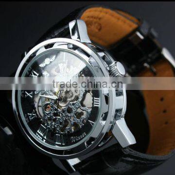 New Men's Black Dial Leather Band Strap Luxury Skeleton Automatic Mechanical Watch WM090