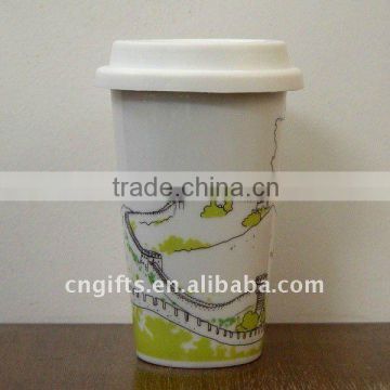 Factory outlet double wall porcelain mug with silicon lid