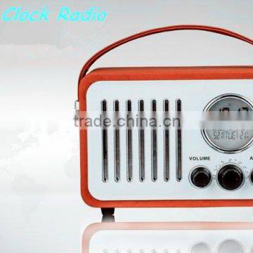 2016 Hot Sale Portable Leather Vintage Radio Wooden Alarm Clock Retro Radio