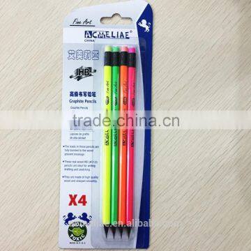Standard size round shape neon color body black wood blister card HB pencil with neon eraser