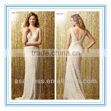 V-neck & V-back Mitered in a Chevron Pattern Chapel Train Lace Wedding Dress (WDWA-1007)
