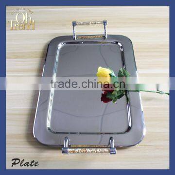 Charming vintage style party stainless steel food safety Rectangle serving tray plate solar crystal element with Crystal Diamond