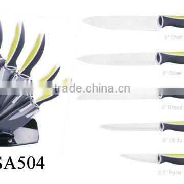 5PCS PP Handle Stainless Steel Knife Set with wooden base