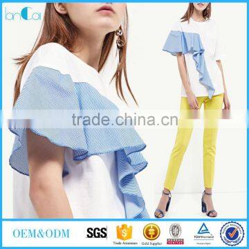 pictures of girls cotton tops with stripe ruffles round neck short sleeve for woman clothing manufacturer in Guangdong