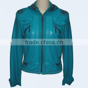 Hot sell PU leather coat with hood for lady| faux leather jacket for women