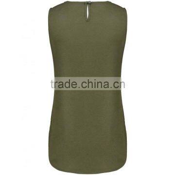 2016 Summer Plain Khaki Sleeveless Shell Tops For Ladies Latest Chiffon Plain Pockets Summer Tops photo-3