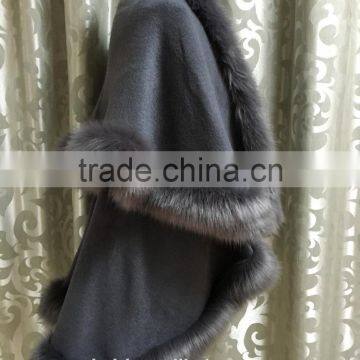Fur Story Natural Cashmere Shawl With Fox Fur Collar Hight Quality Winter Outwear Poncho Multiple Colors photo-4