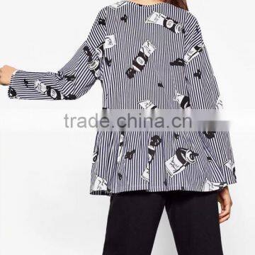 Runwaylover EY2374B Latest Designs Women Formal Blouse Blue Stripe Crane Print Animal Print Drop Shoulder 3/4 Sleeve Blouse photo-2