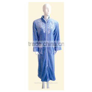 High quality lady's zipper style embroidery flannel robe