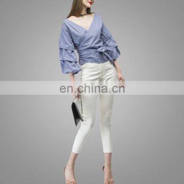 2017 Fashion Design Puff Sleeve Wrapped Top Deeper V Neck Ruched Sleeve Wrap Blouses In Blue photo-5