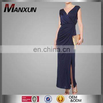 Wrap over long maxi dress navy blue sleeveless elegant women dresses