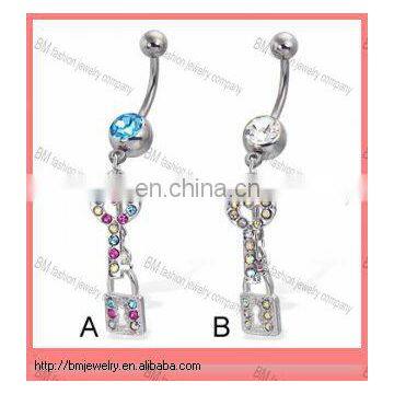 Belly button ring with jeweled key and lock fashion body piercing jewelry with crystal