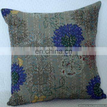 Indian Grey Floral Kantha Cushion Cover Cotton Handmade Hand Stitched Kantha Cushion Cover Throw Pillow Case Cotton Ethnic