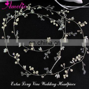 Amelie Wedding Hair Accessories Bridal Extra Long Hair Vine Headpieces Boho Delicate Crystal Floating Pearl Wedding Belt