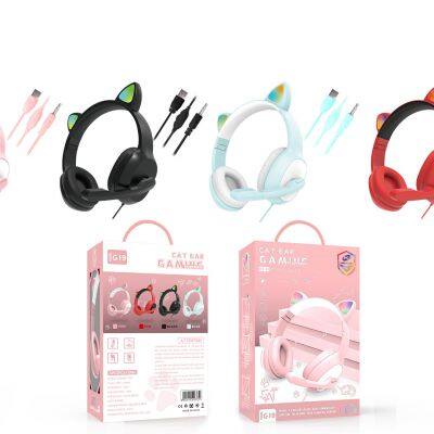 G19 Pink Cat Ear Cute Girl Gaming Headset With Mic Noise Reduction Foldable Stereo Music Helmet RGB Flash Wired Headphone