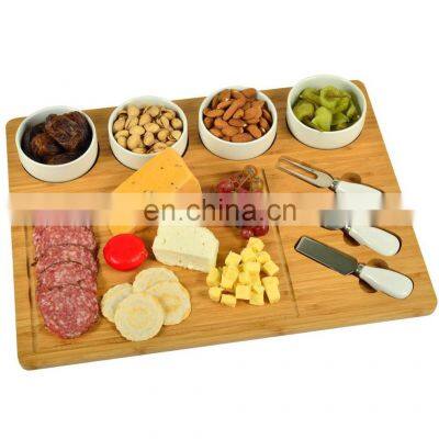 Wholesale Picnic organic Eco-friendly Cutting Cheese Serving Board Bamboo Cheese Cutting Board Set with Ceramic Bowls