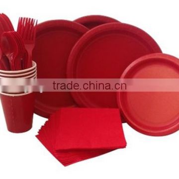 Red Paper Supply Pack Bundle Includes Paper Plates Napkins Cups & Silverware for 8 Guests