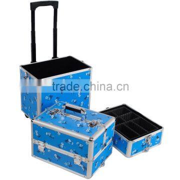 Aluminum 3-in-1 Blue Floral Makeup/Beauty/Hairdressing/Vanity Trolley/Box/Case photo-5