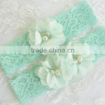 Mint Green Wedding Garter,Set With Toss Garter In Mint,Bridal Garter With Chiffon Blossoms