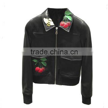 2016 new design embroidery and printing baseball uniform style short real sheepskin leather women jacket