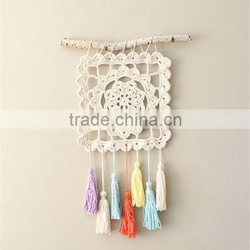 Hand Made Knitted Ivory Wall Hanging Crochet Style with Colorful Tassels