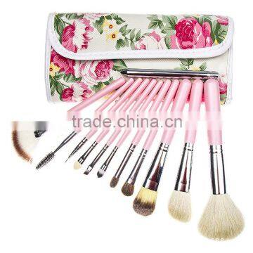 Rose Flower Print Pattern 12pcs/set Goat Hair Cosmetic Brush Pink Handle Color Makeup Brushes Set Kit Free Shipping