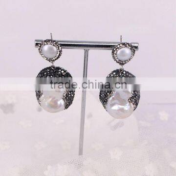 Natural Freshwater Baroque Pearl Earrings, Crystal Pave Mother OF Pearl Druzy Stud Earrings photo-4